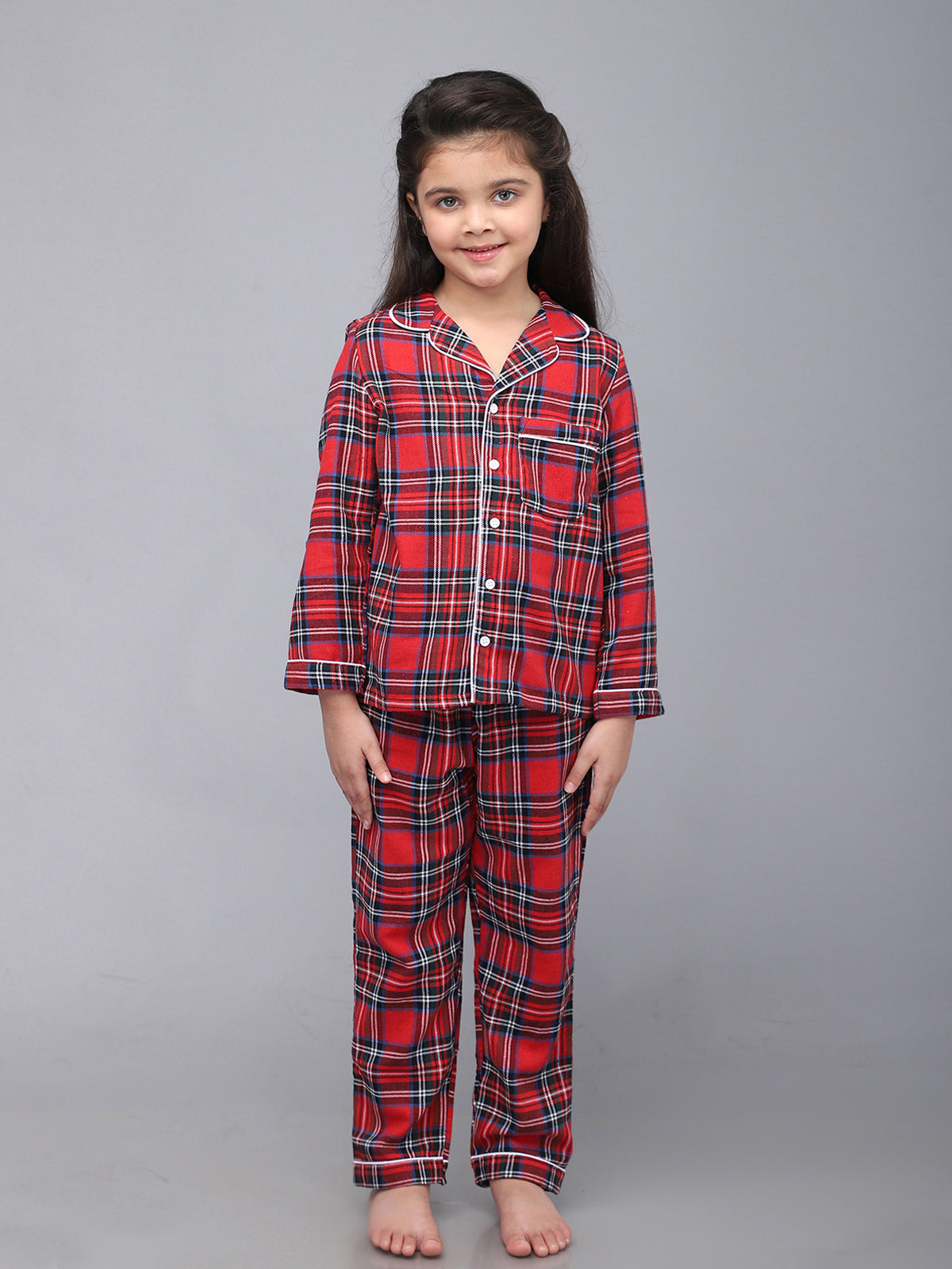 Pijamas clásicas a cuadros rojos de Navidad para niñas y niños