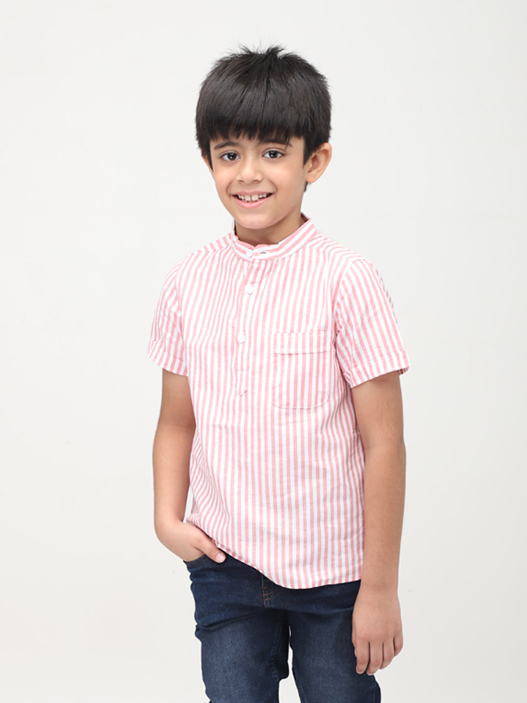 Mandarin Style Boys Striped Half Sleeves Casual Shirt