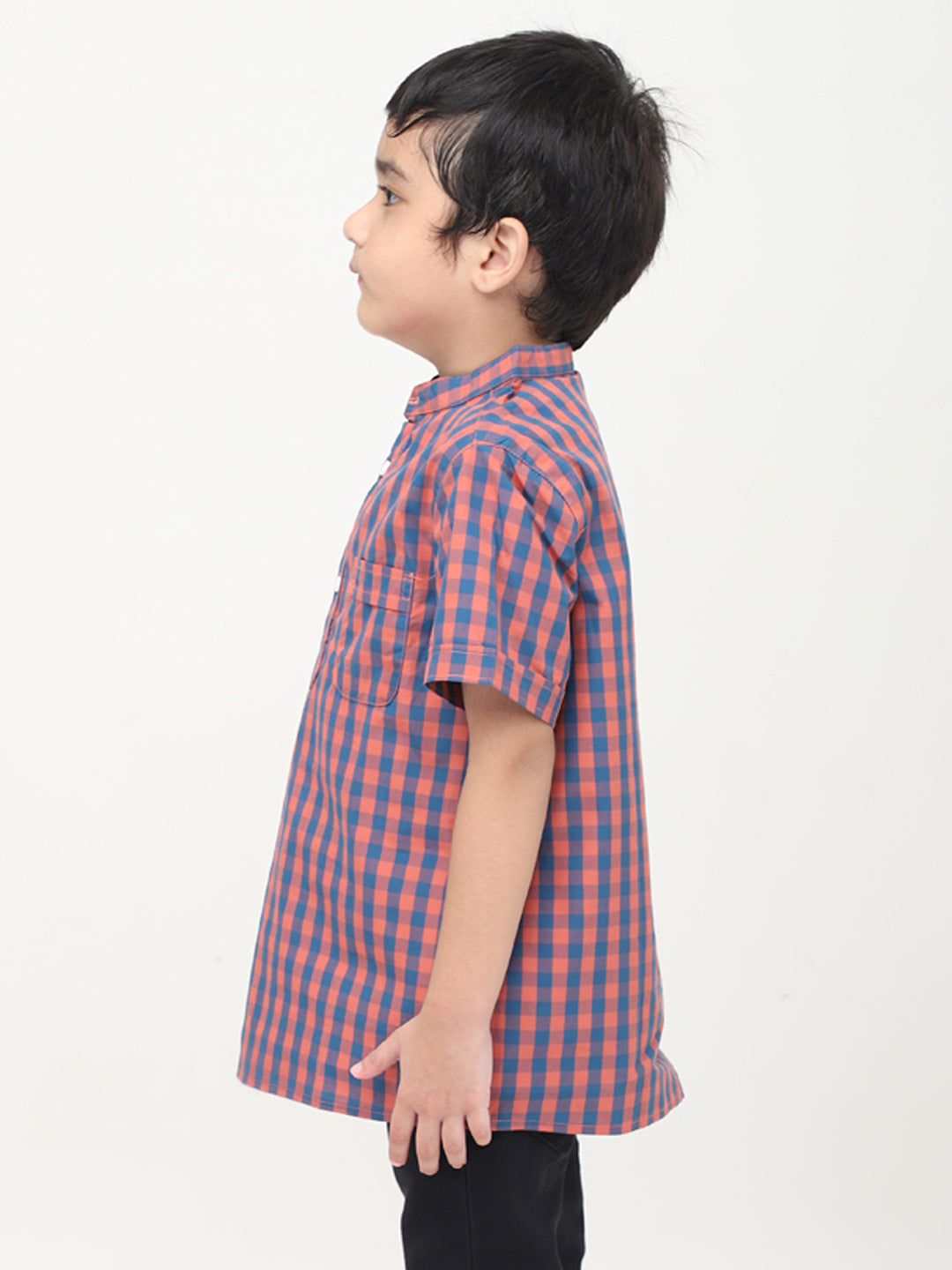 Mandarin Style Checkered Half Sleeves Casual Shirt