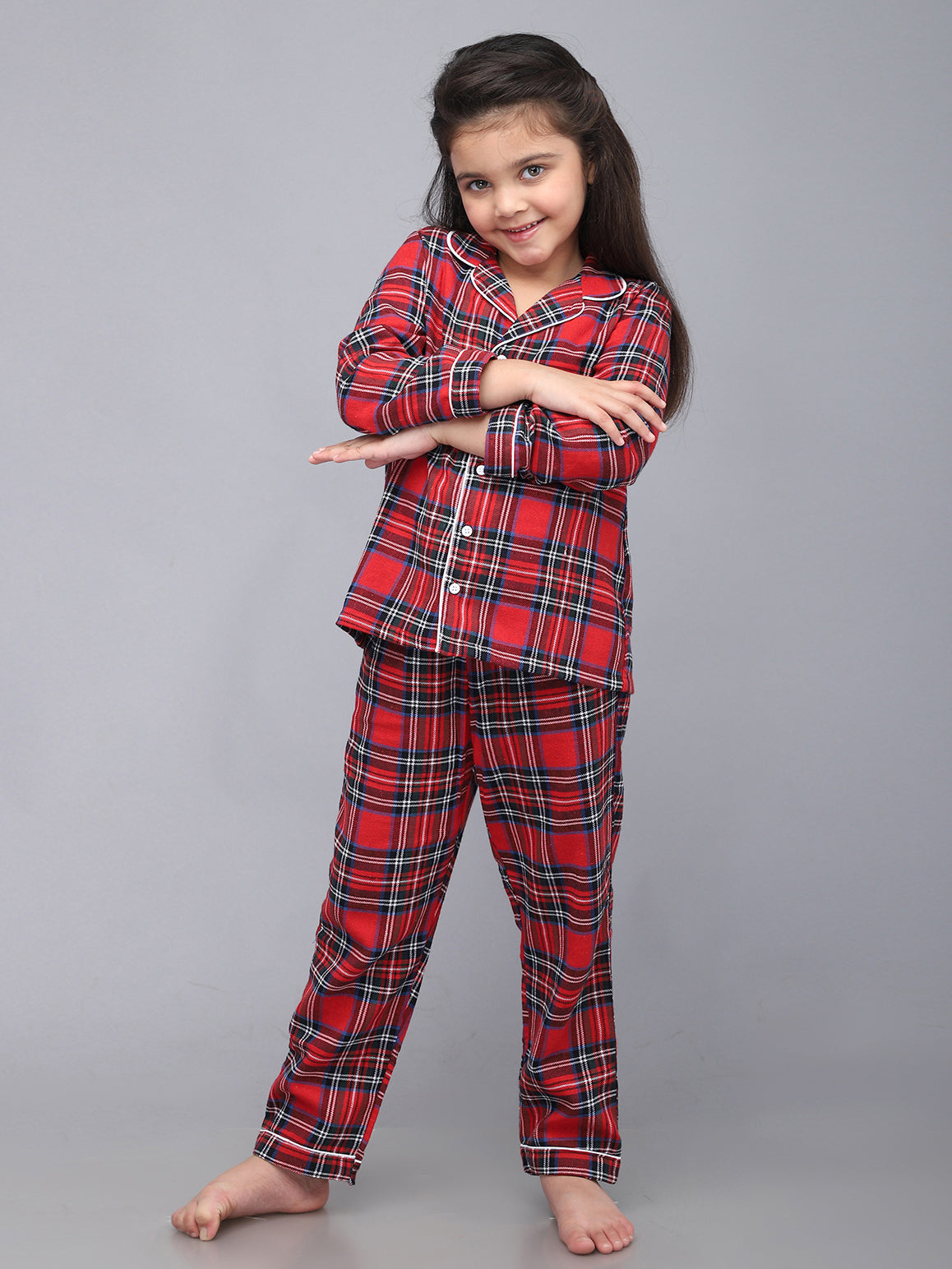 Pijamas clásicas a cuadros rojos de Navidad para niñas y niños
