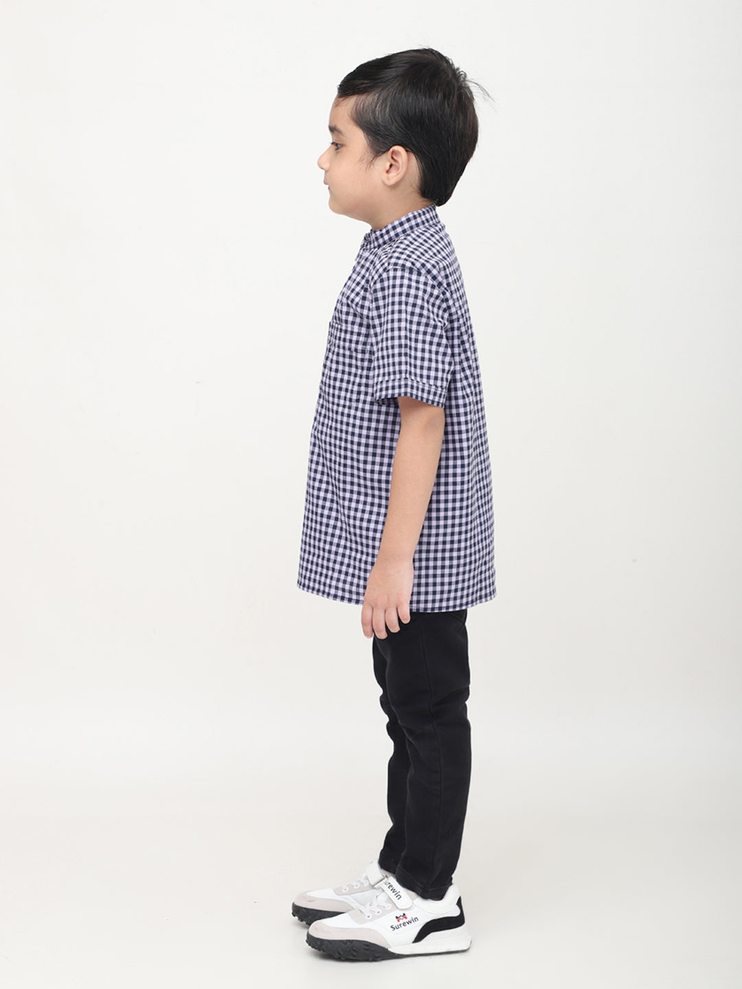 Mandarin Style Checkered Half Sleeves Shirt