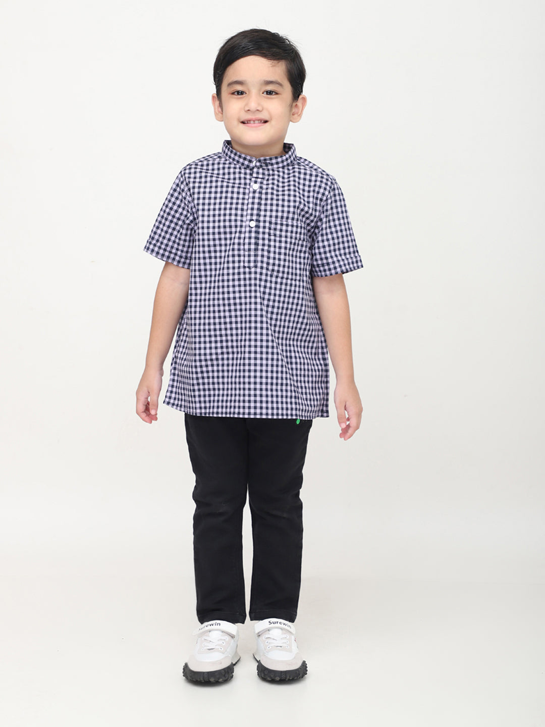 Mandarin Style Checkered Half Sleeves Shirt