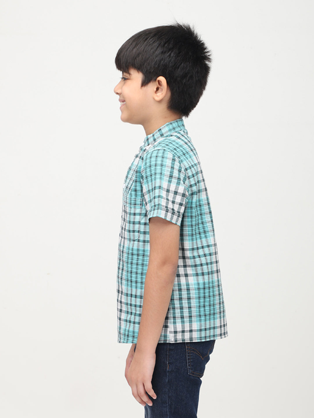Camisa casual a cuadros de manga corta con cuello mandarín