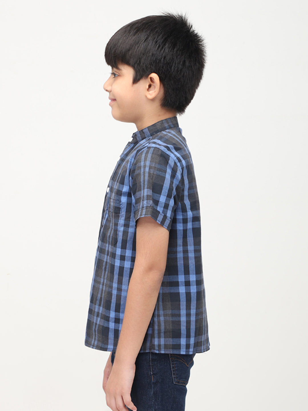 Mandarin Style Checkered Half Sleeves Casual Shirt - Black & Blue