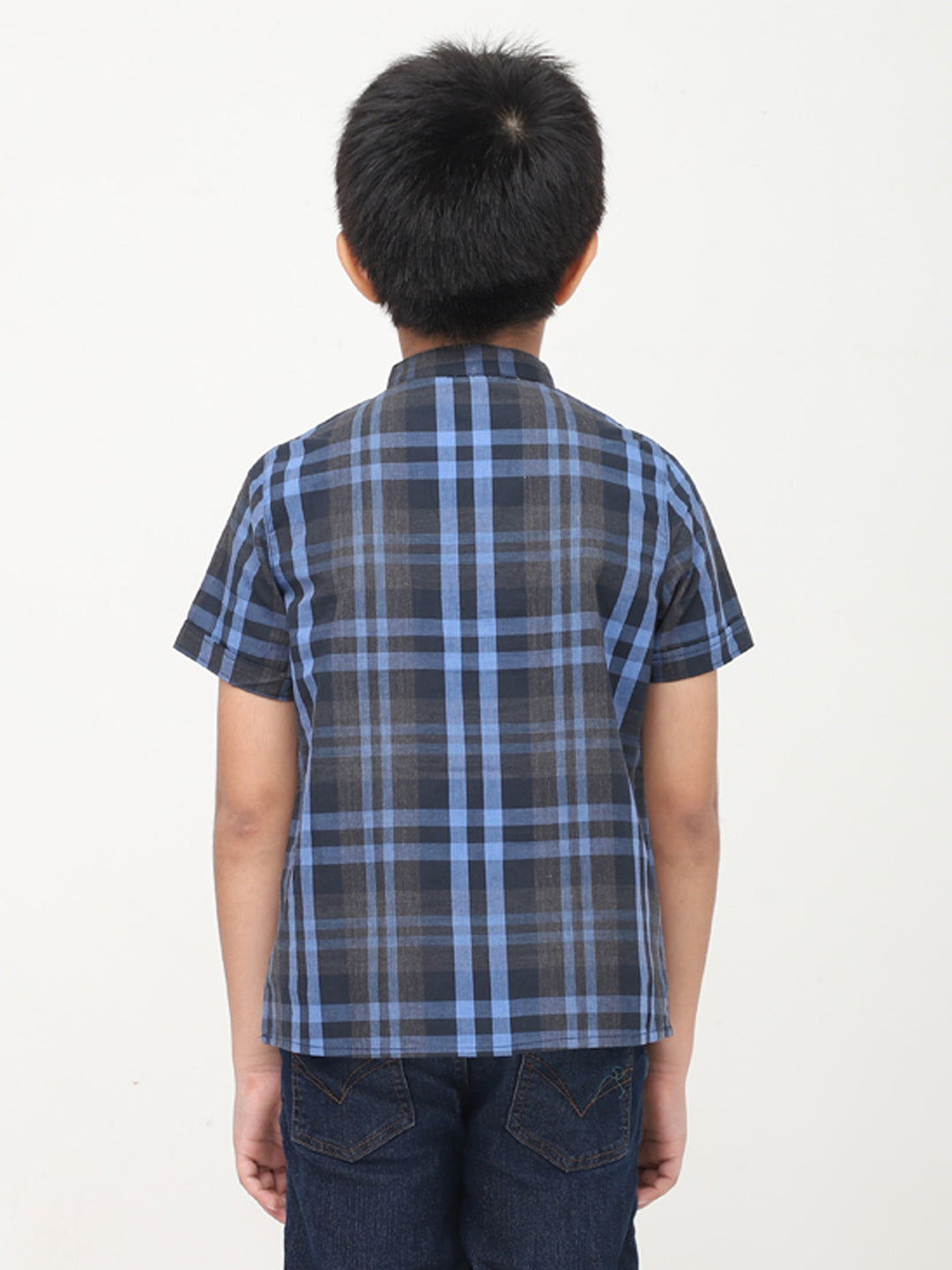 Mandarin Style Checkered Half Sleeves Casual Shirt - Black & Blue