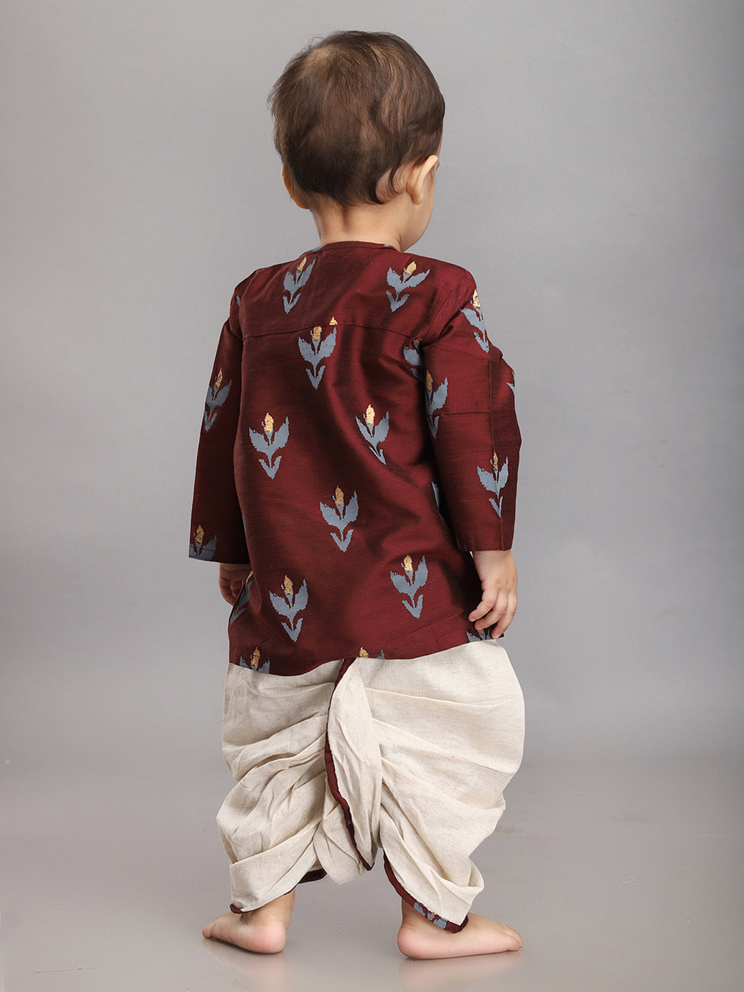 Conjunto de Dhoti Kurta para Bebé en Seda de Algodón Color Granate