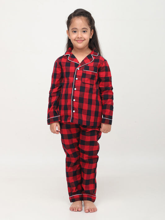 Classic Christmas Red & Black Checkered Night Suits For Girls & Boys