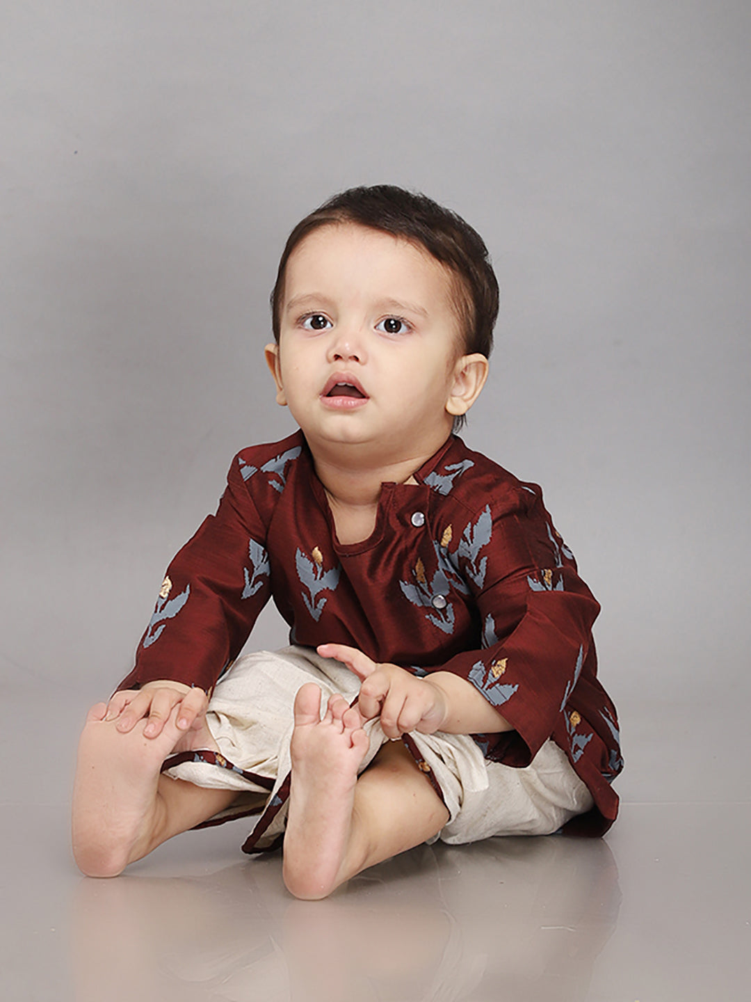 Conjunto de Dhoti Kurta para Bebé en Seda de Algodón Color Granate