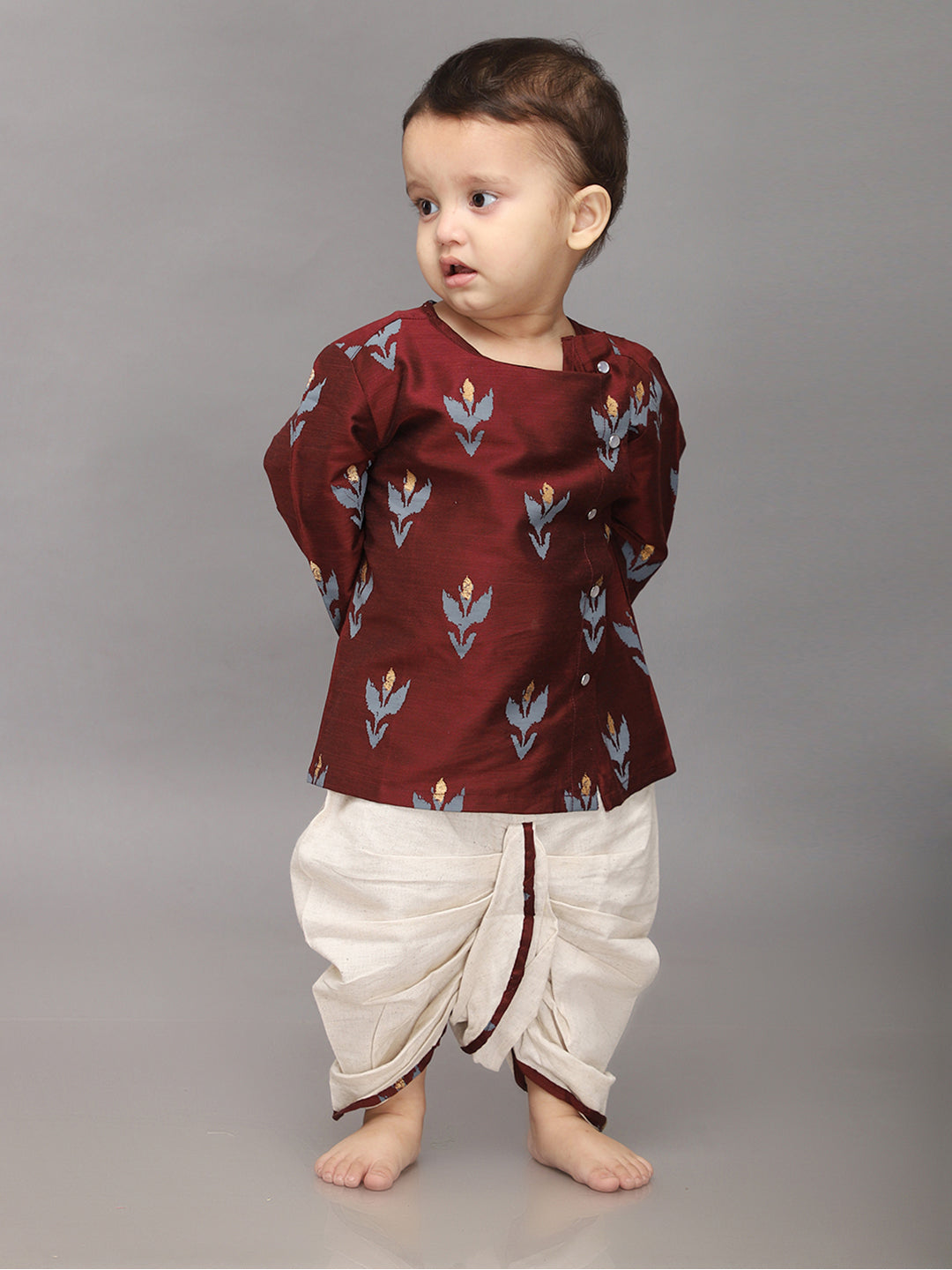 Conjunto de Dhoti Kurta para Bebé en Seda de Algodón Color Granate