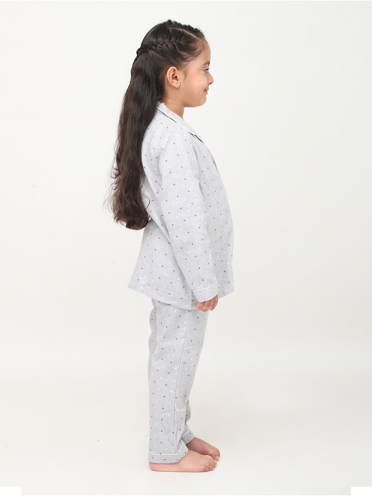Grey Floral Printed Full Sleeves Night Suits For Girls