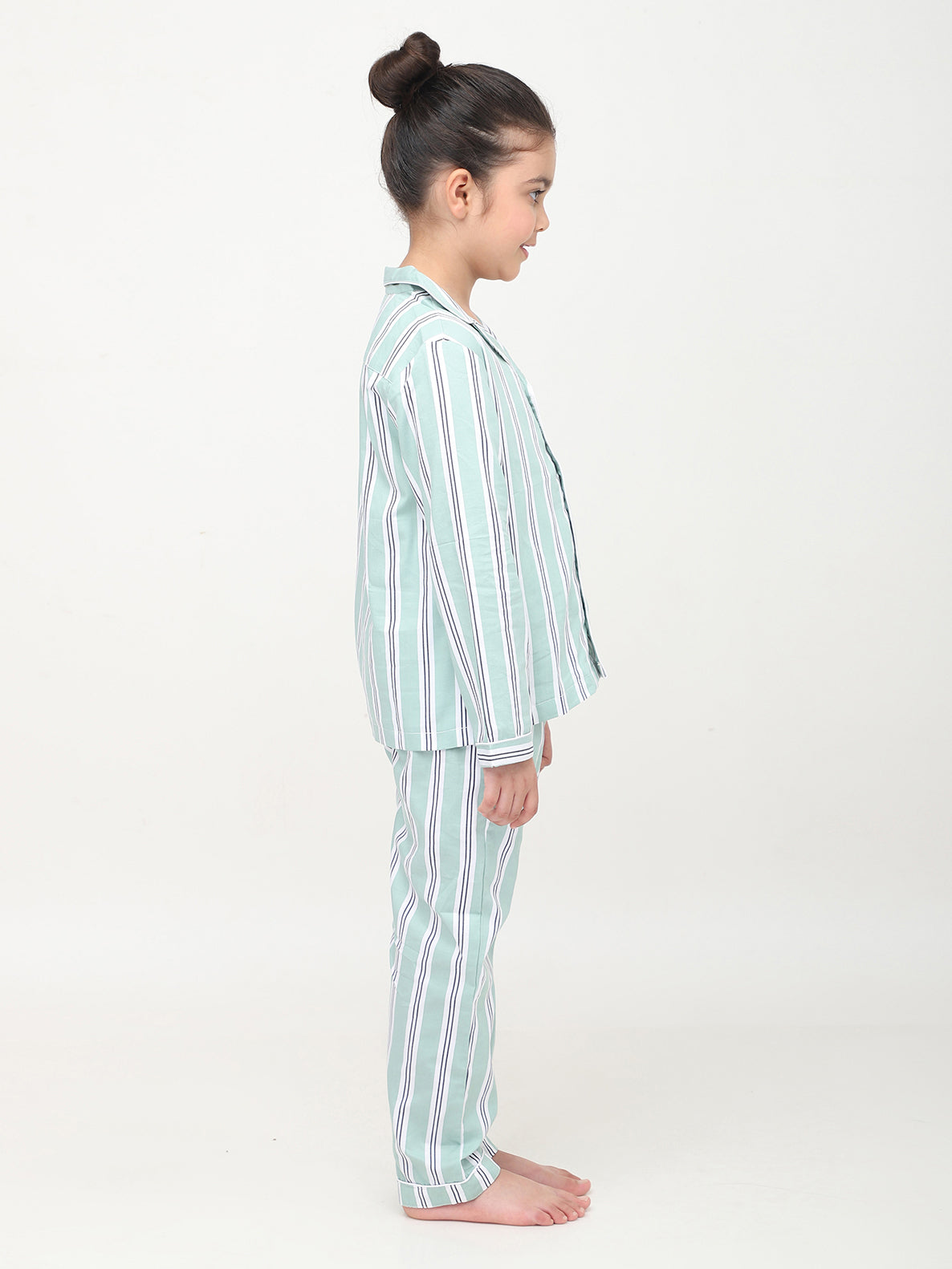 Pastel Green & White Striped Nightsuit For Girls & Boys