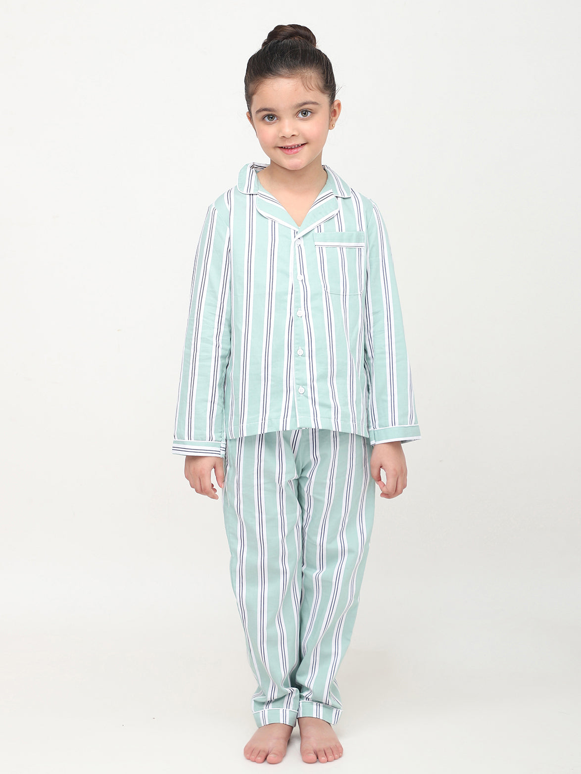 Pastel Green & White Striped Nightsuit For Girls & Boys