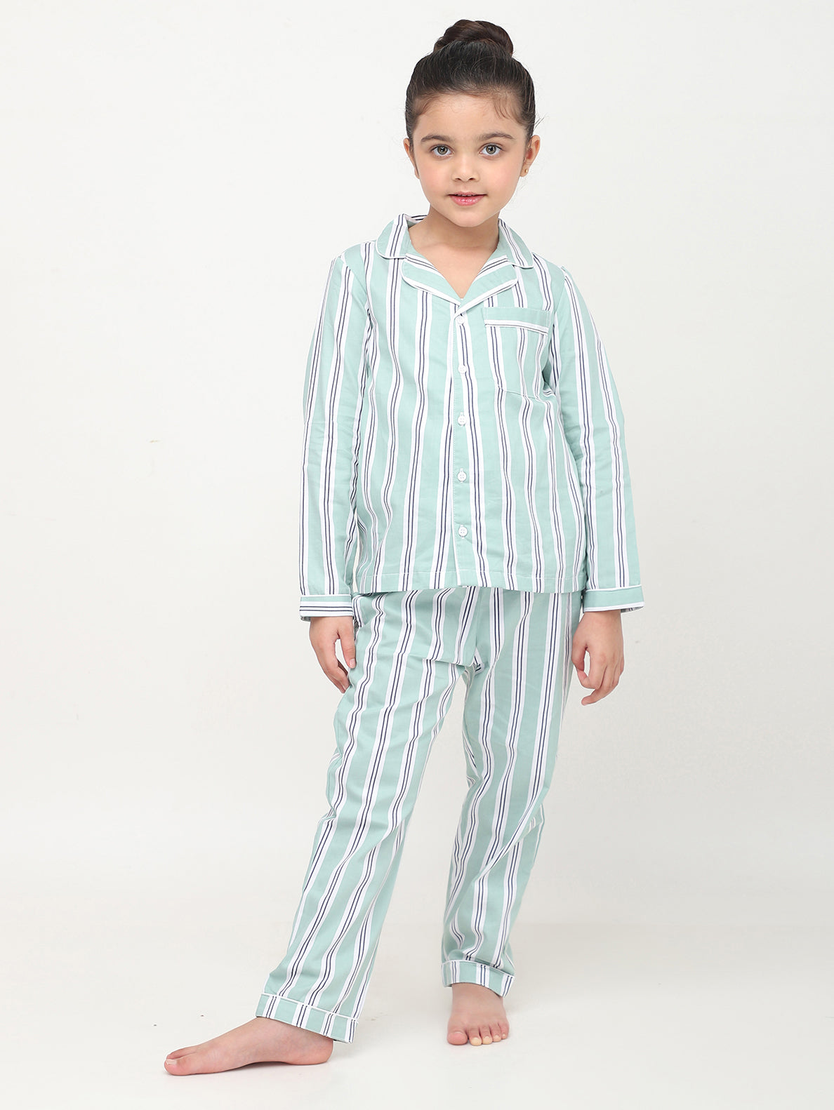 Pastel Green & White Striped Nightsuit For Girls & Boys