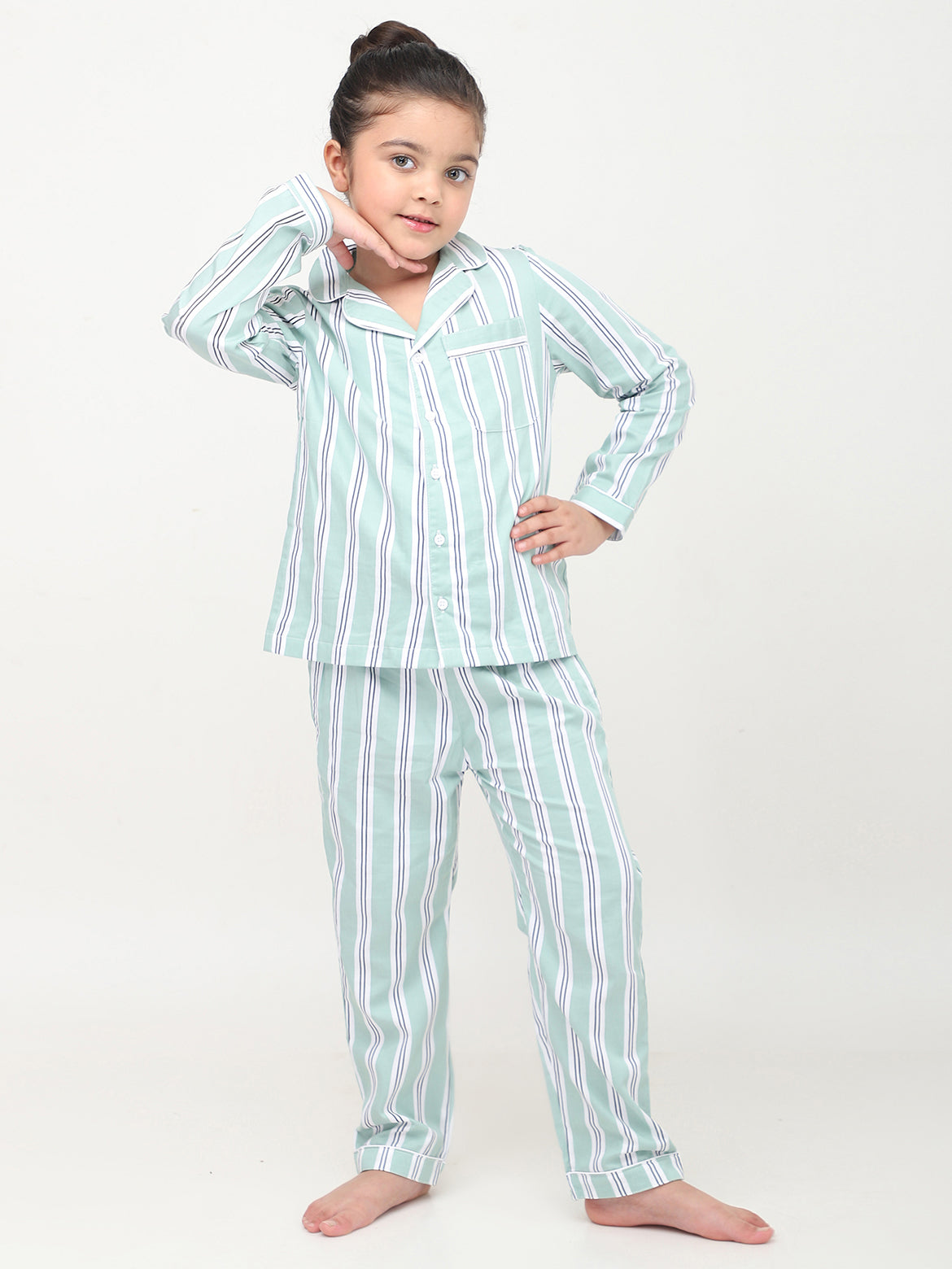 Pastel Green & White Striped Nightsuit For Girls & Boys