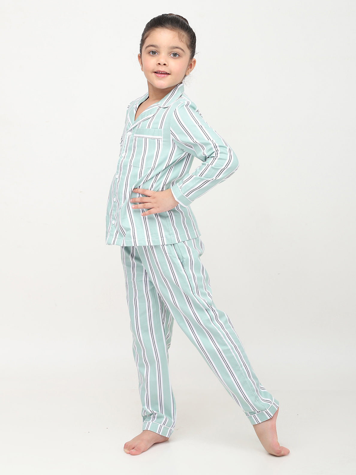 Pastel Green & White Striped Nightsuit For Girls & Boys