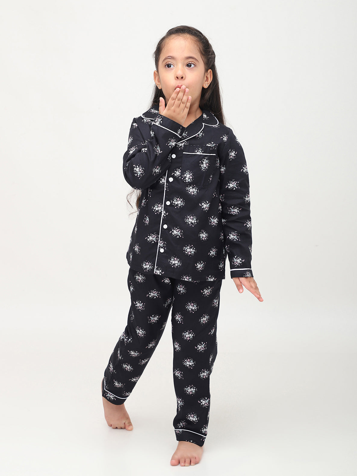 Black Floral Printed Nightsuit for Girls