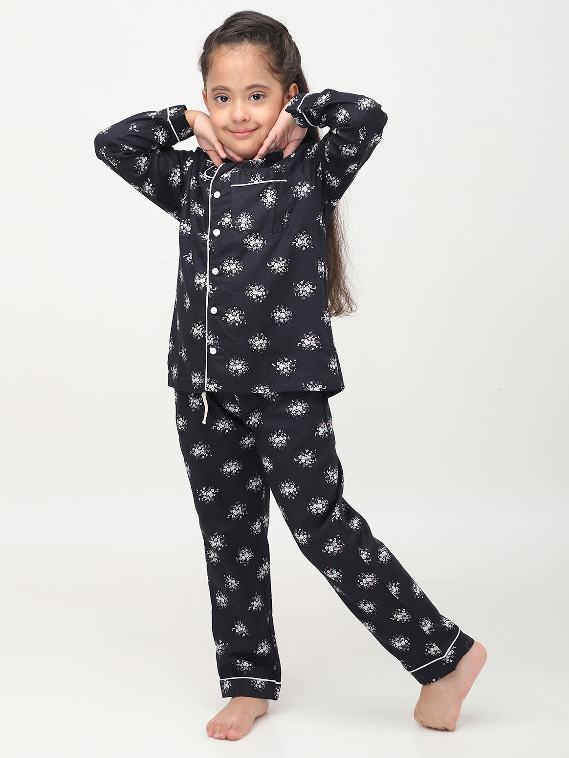 Black Floral Printed Nightsuit for Girls