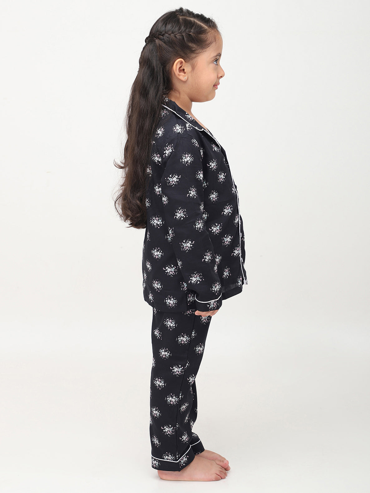 Black Floral Printed Nightsuit for Girls