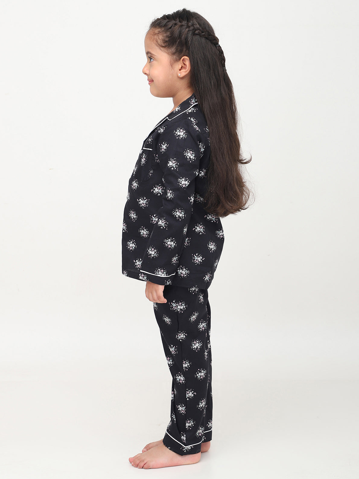 Black Floral Printed Nightsuit for Girls