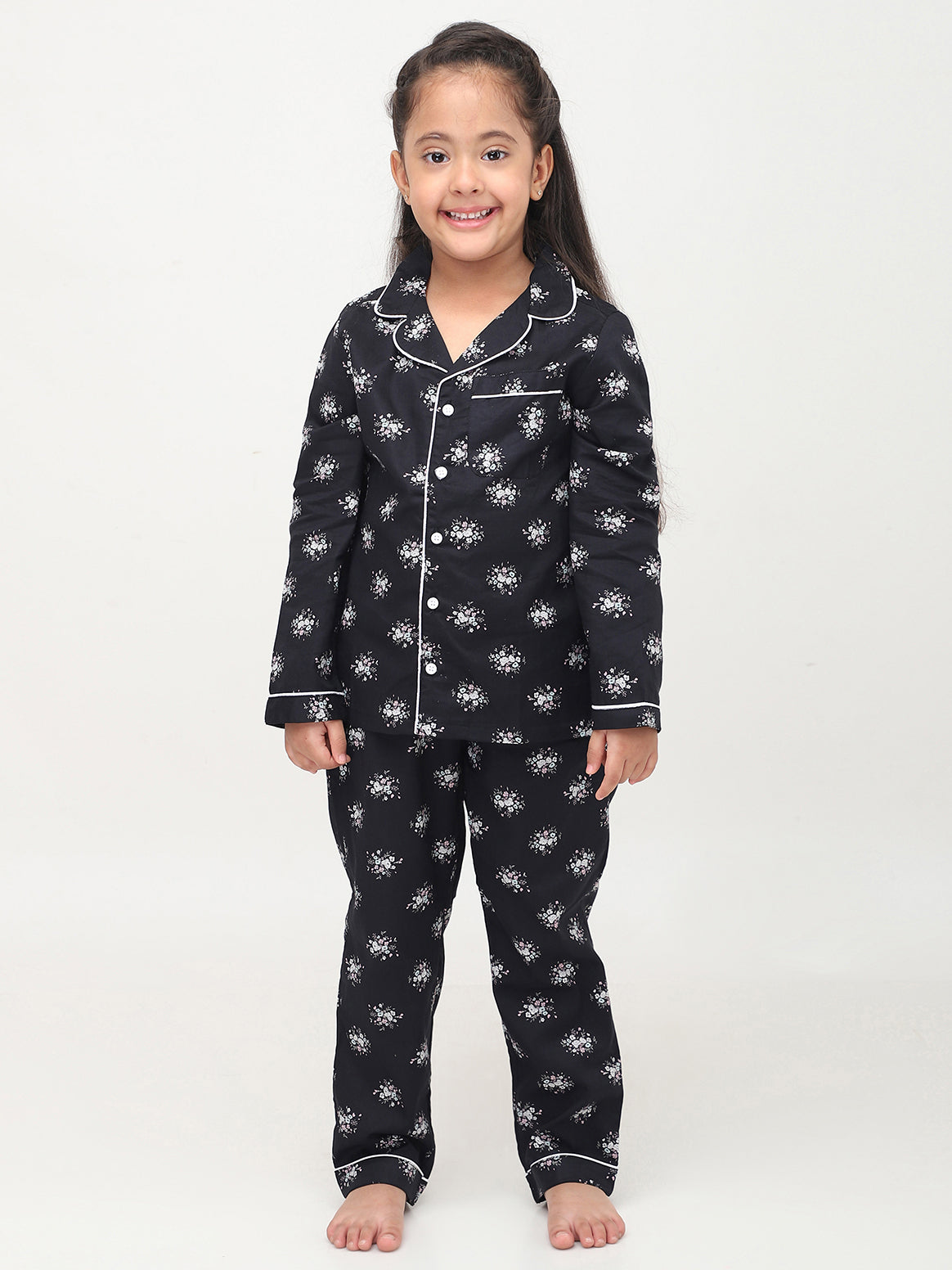 Black Floral Printed Nightsuit for Girls