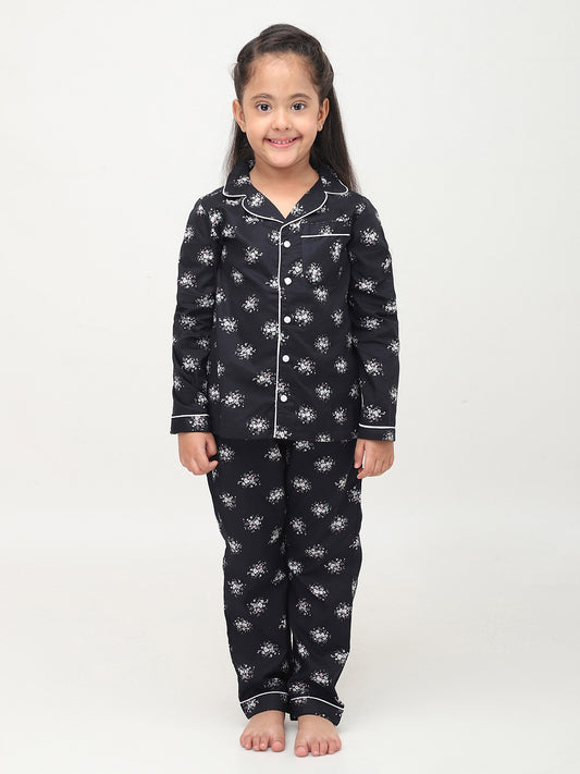 Black Floral Printed Nightsuit for Girls