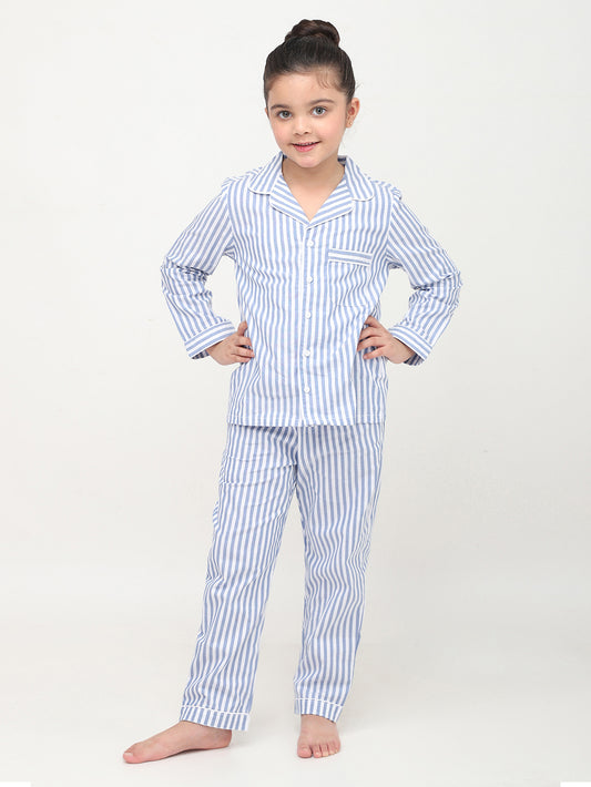 White & Blue Striped Night Suits For Girls & Boys