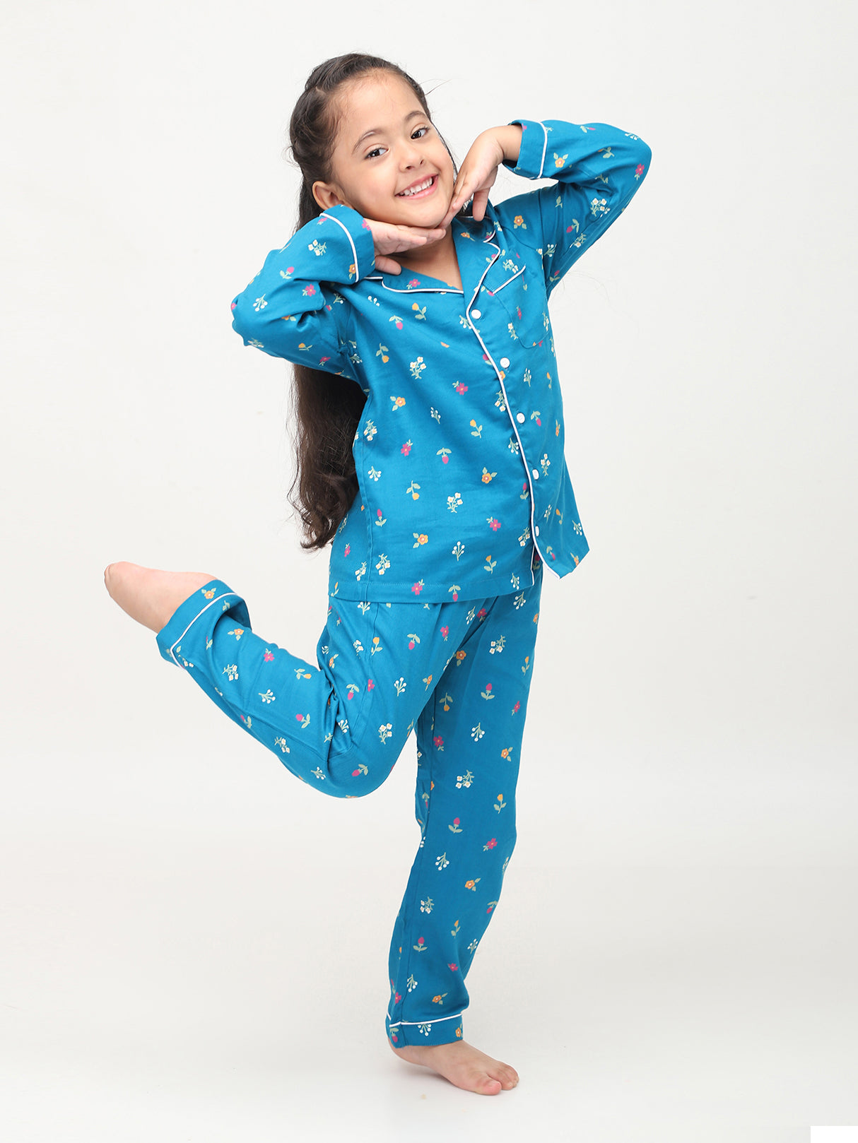 Blue Floral Printed Nightsuit for Girls