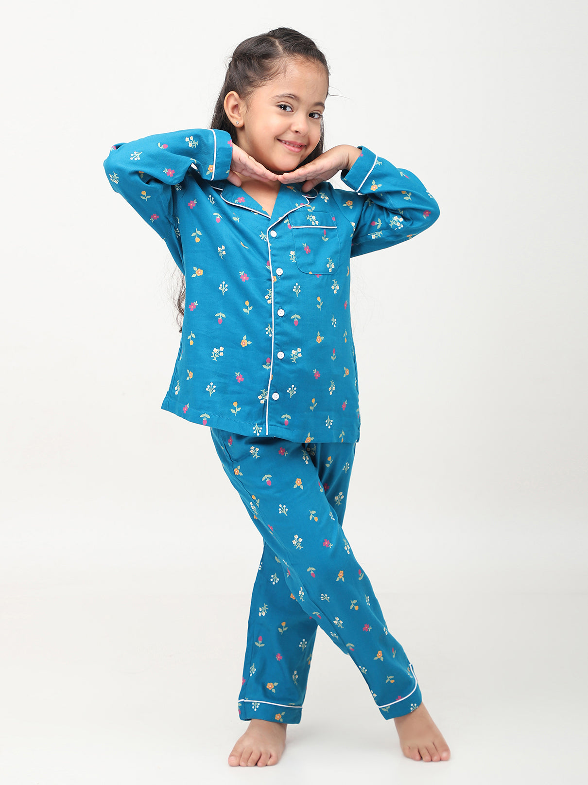 Blue Floral Printed Nightsuit for Girls