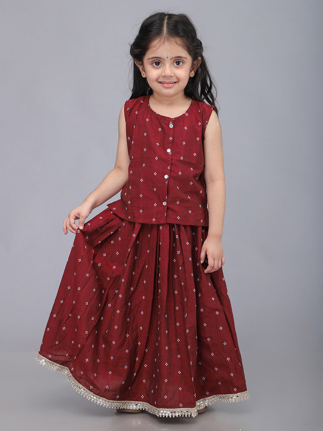 Handloom Cotton Infant Girls Lehenga Set - Maroon