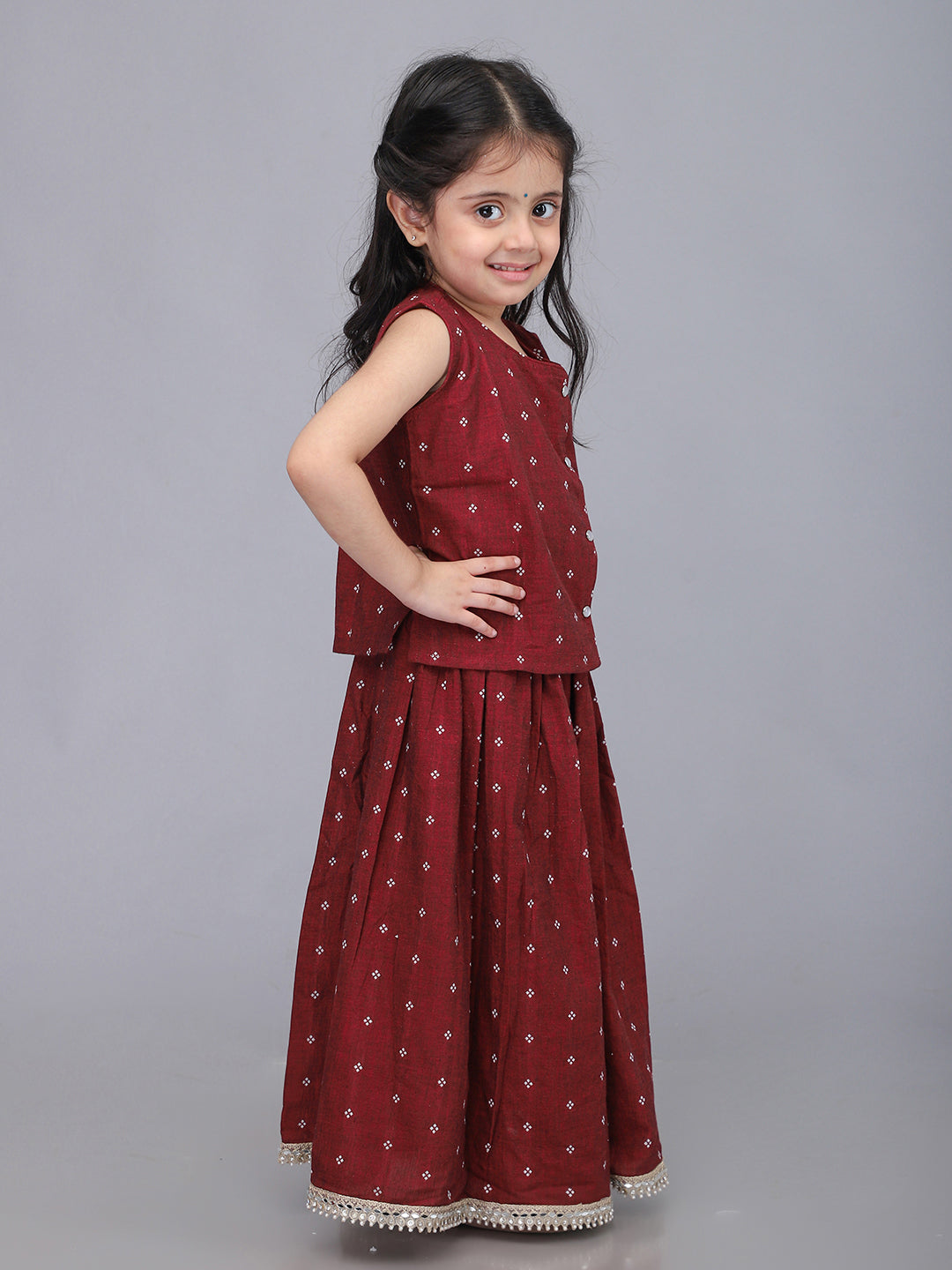 Handloom Cotton Infant Girls Lehenga Set - Maroon