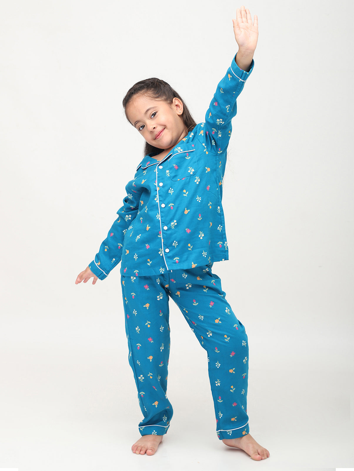 Blue Floral Printed Nightsuit for Girls