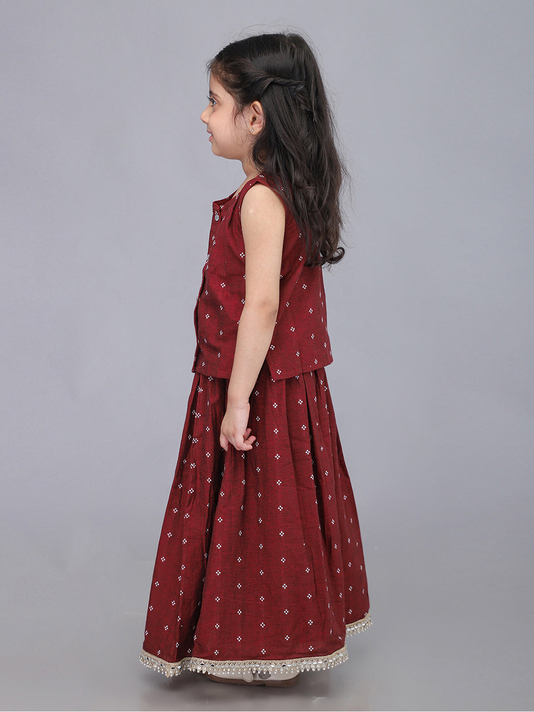 Conjunto de lehenga de algodón telar para bebé - Granate