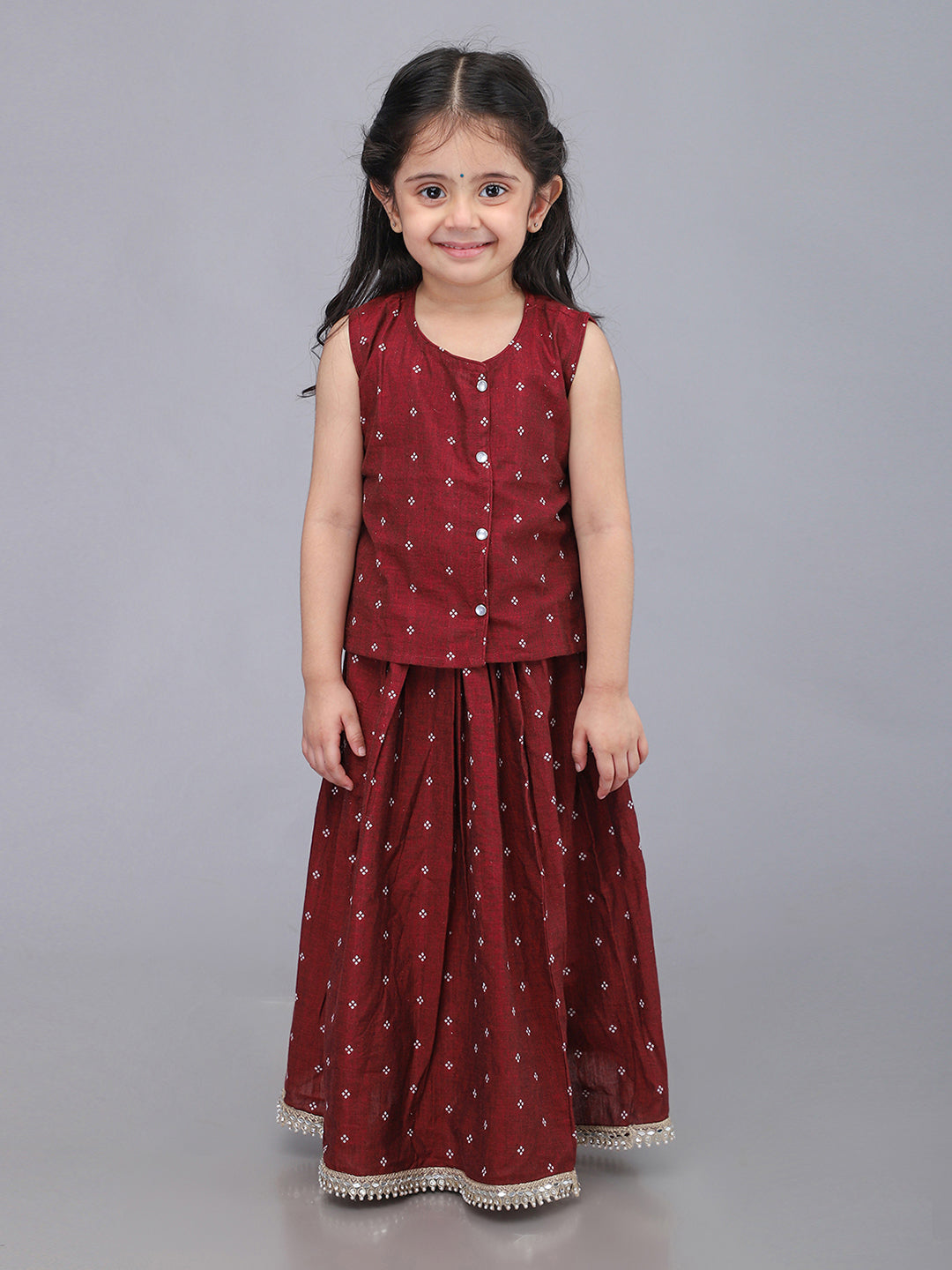 Handloom Cotton Infant Girls Lehenga Set - Maroon