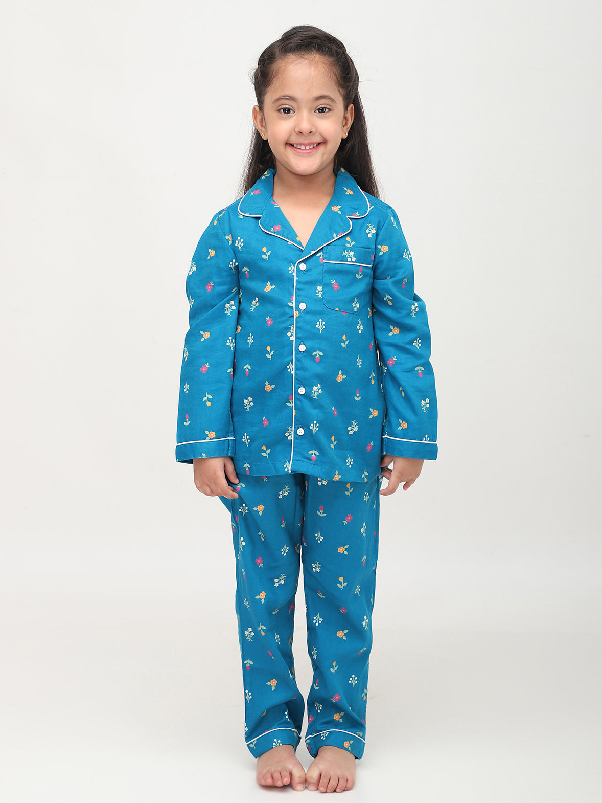 Blue Floral Printed Nightsuit for Girls