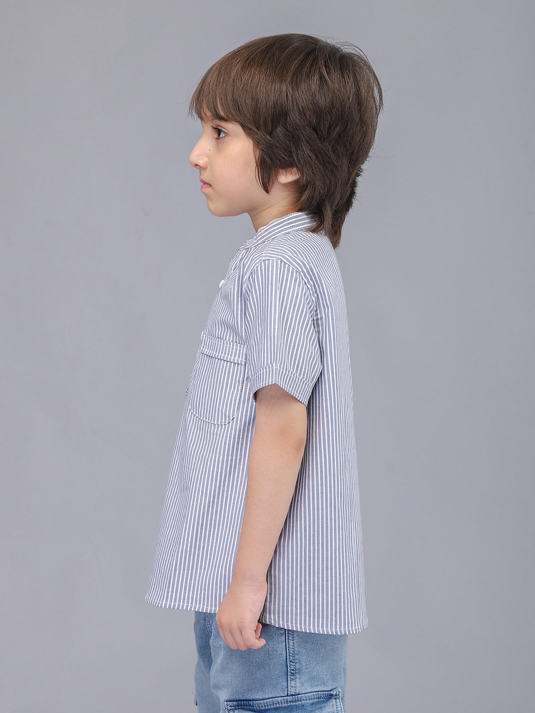 Mandarin Style Checkered Half Sleeves Shirt