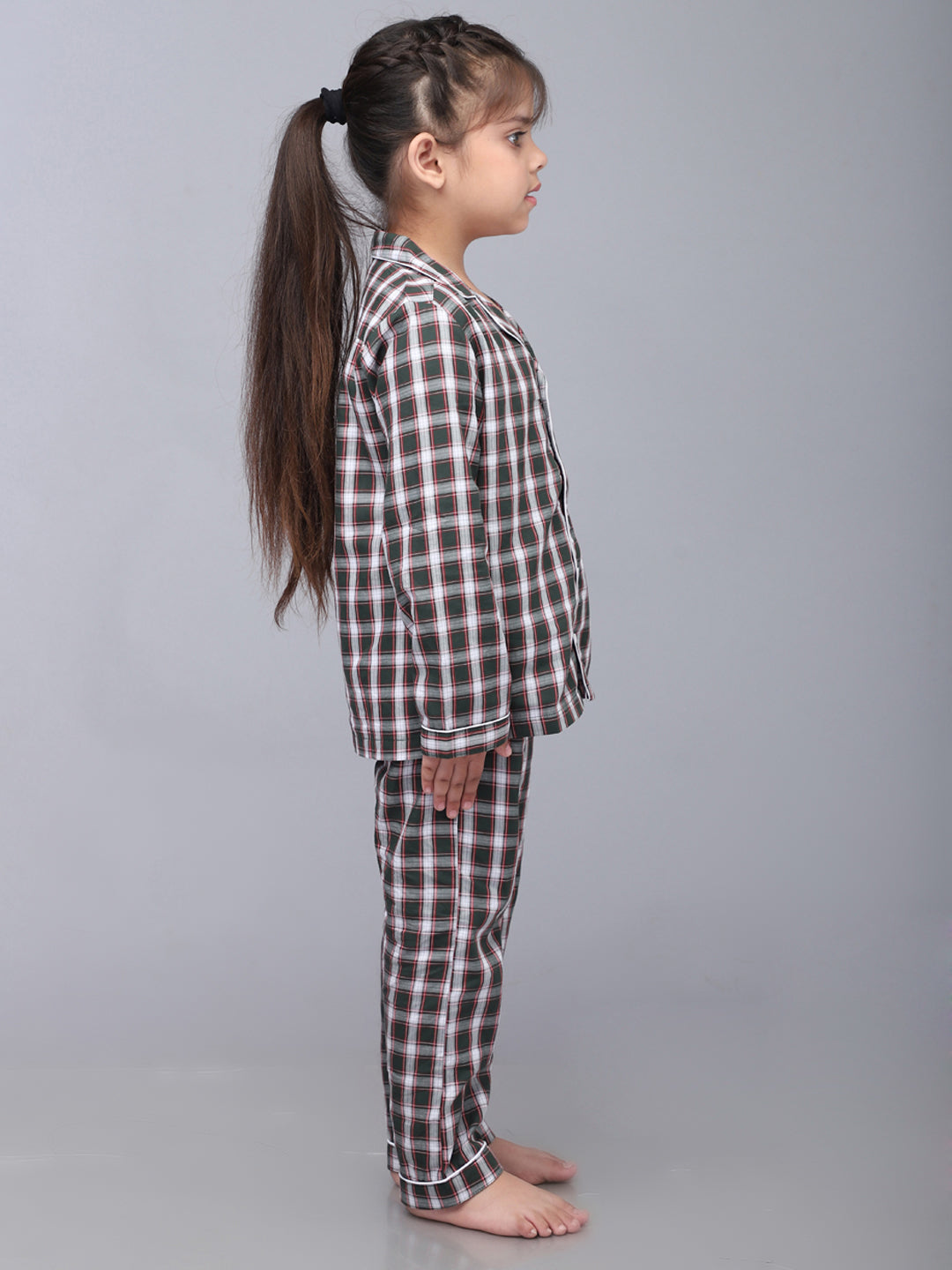 Full Sleeves Nightsuit for Girls & Boys - Green & White Checks