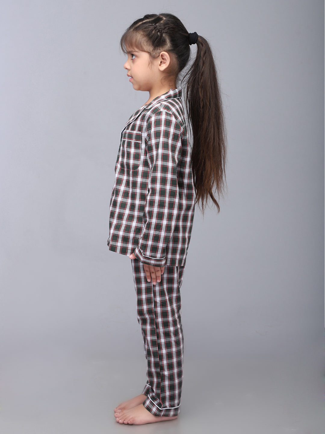 Full Sleeves Nightsuit for Girls & Boys - Green & White Checks