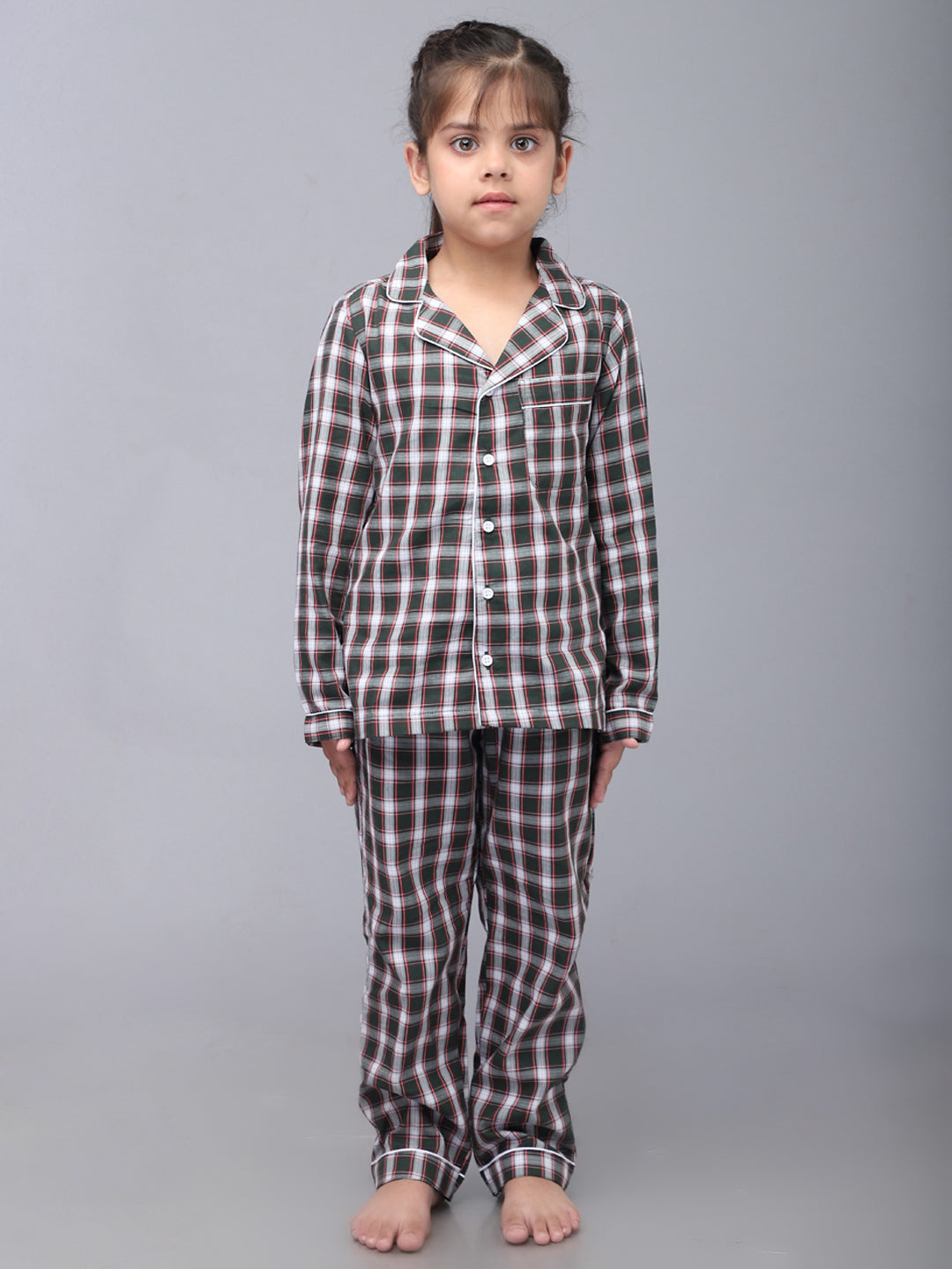 Full Sleeves Nightsuit for Girls & Boys - Green & White Checks