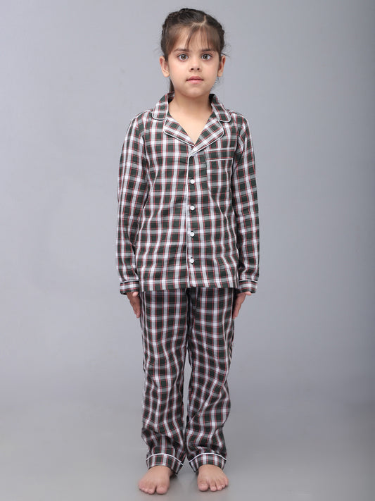 Full Sleeves Nightsuit for Girls & Boys - Green & White Checks