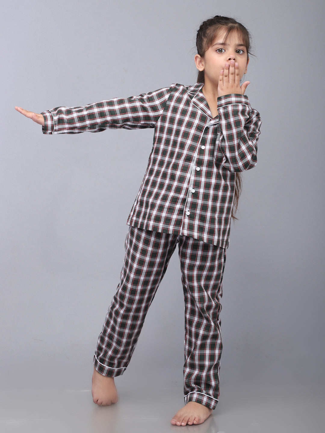 Full Sleeves Nightsuit for Girls & Boys - Green & White Checks