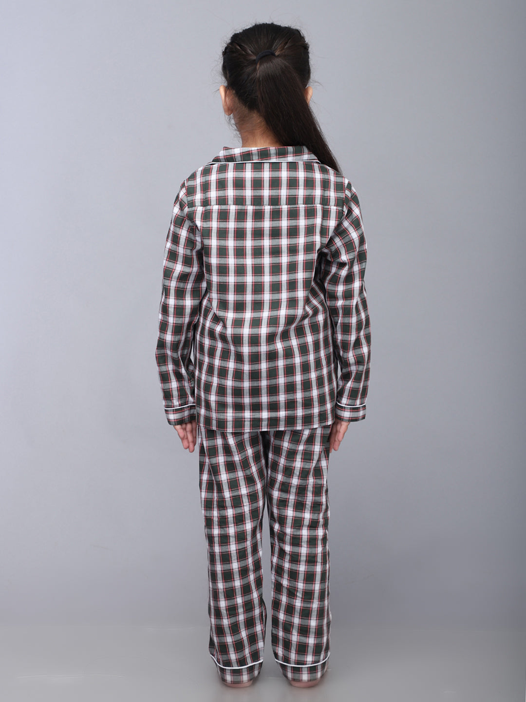 Full Sleeves Nightsuit for Girls & Boys - Green & White Checks