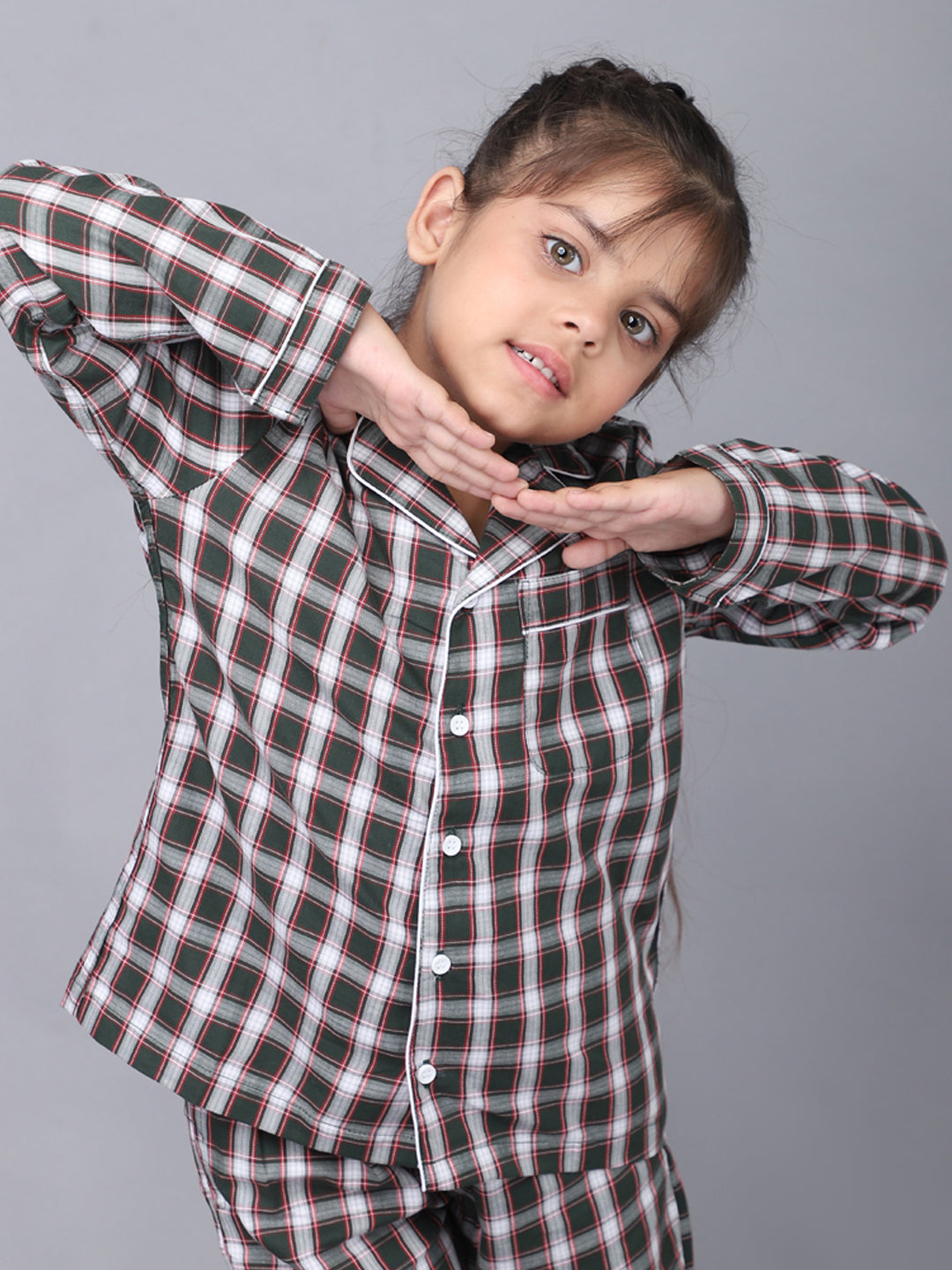 Full Sleeves Nightsuit for Girls & Boys - Green & White Checks