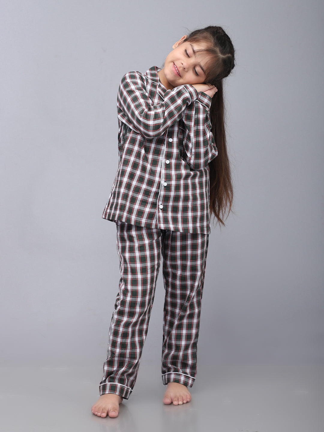 Full Sleeves Nightsuit for Girls & Boys - Green & White Checks