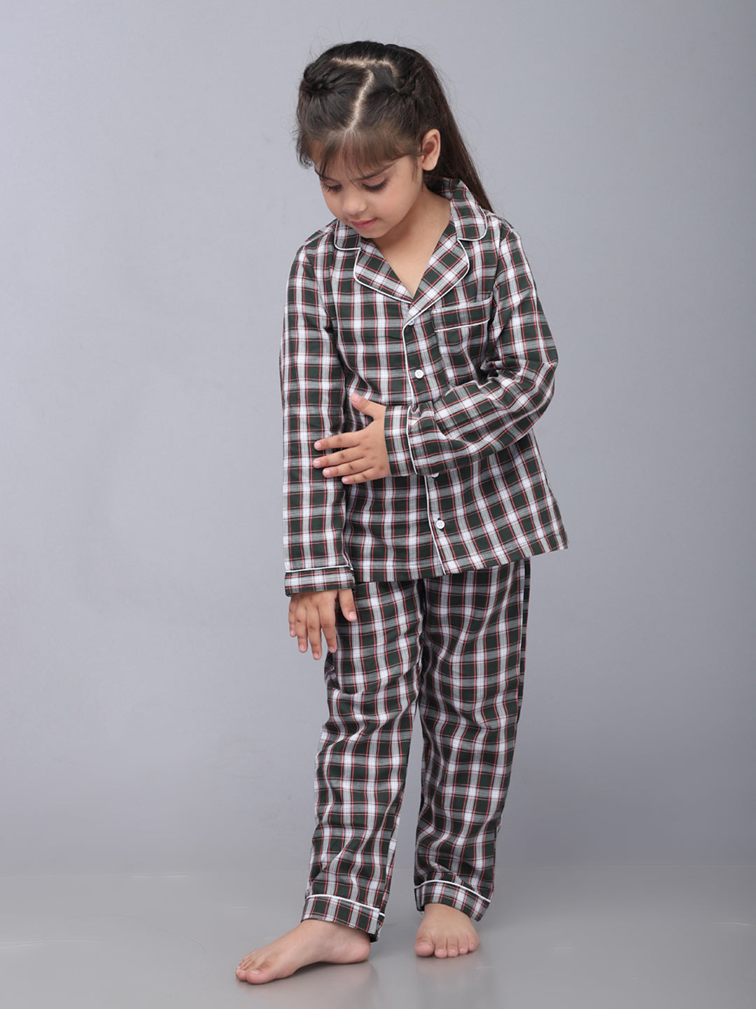 Full Sleeves Nightsuit for Girls & Boys - Green & White Checks