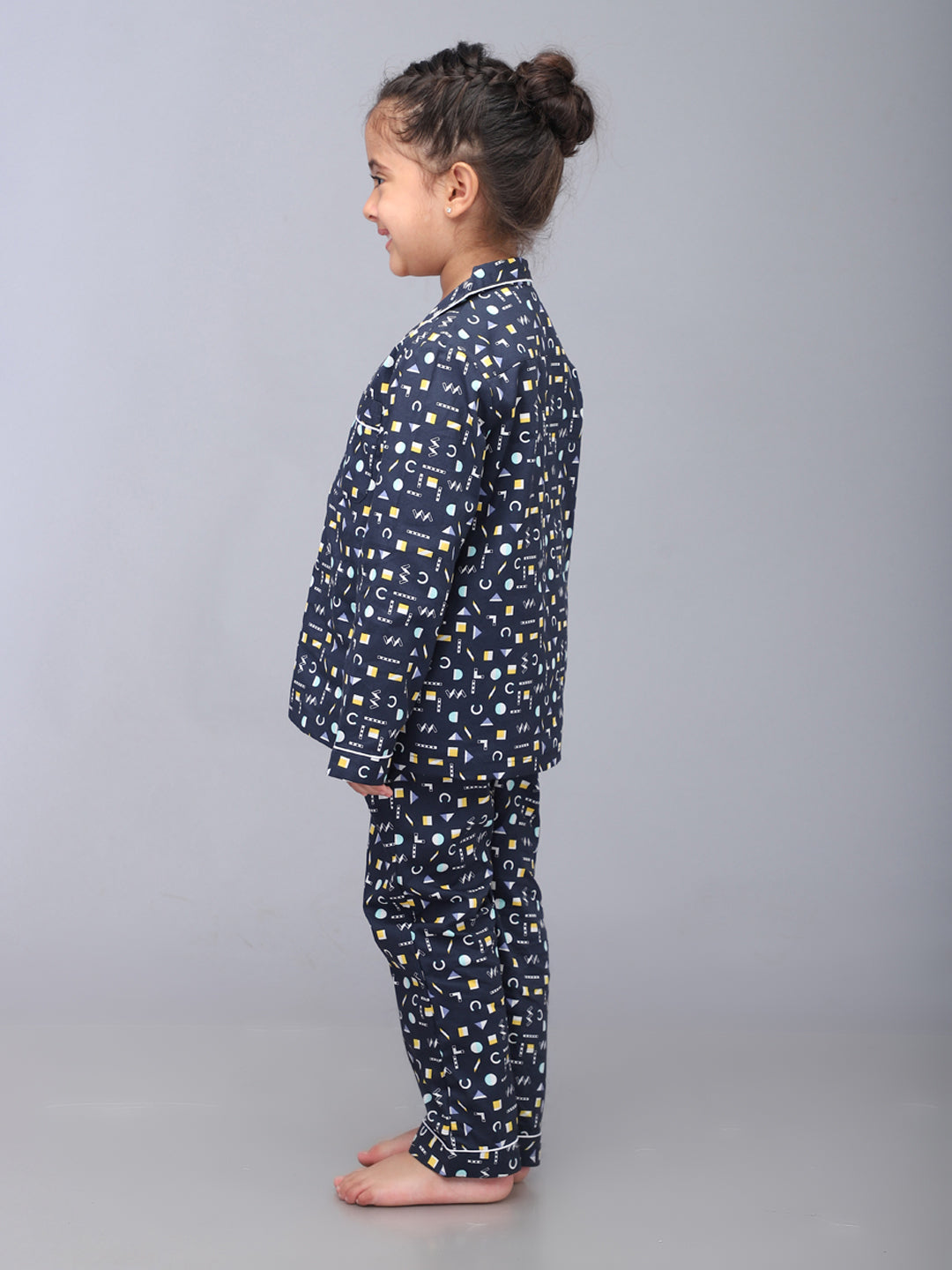 Geometric Print Full Sleeves Nightsuit for Girls & Boys- Navy