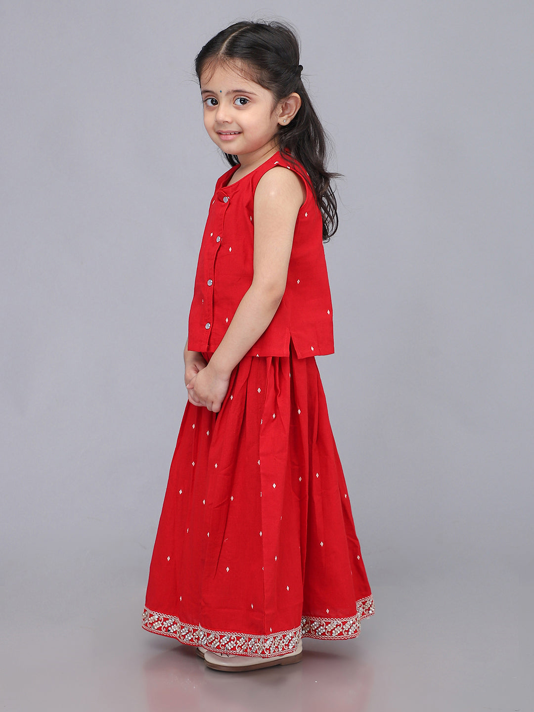 Handloom Cotton Infant Girls Lehenga Set - Red