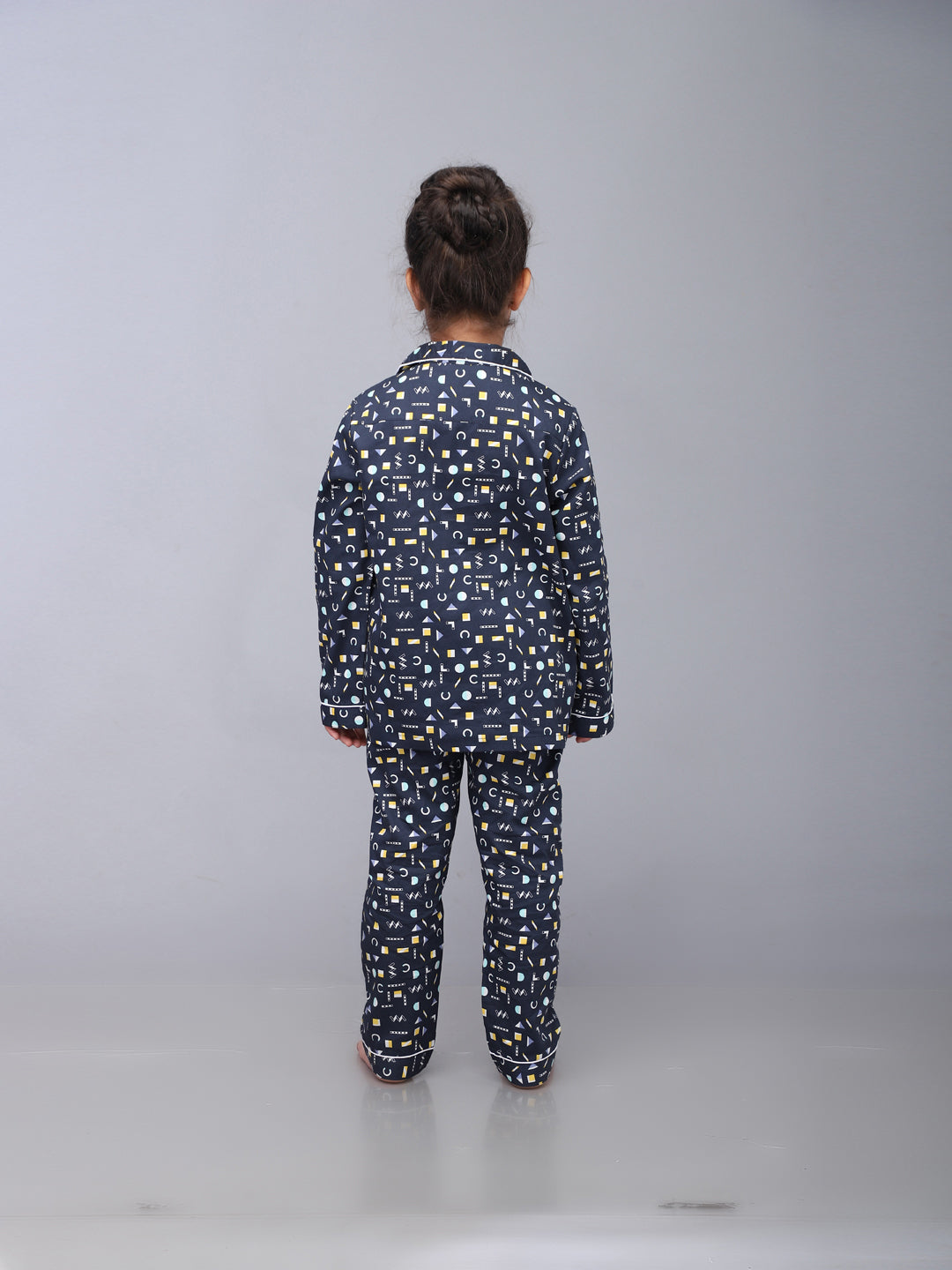 Geometric Print Full Sleeves Nightsuit for Girls & Boys- Navy