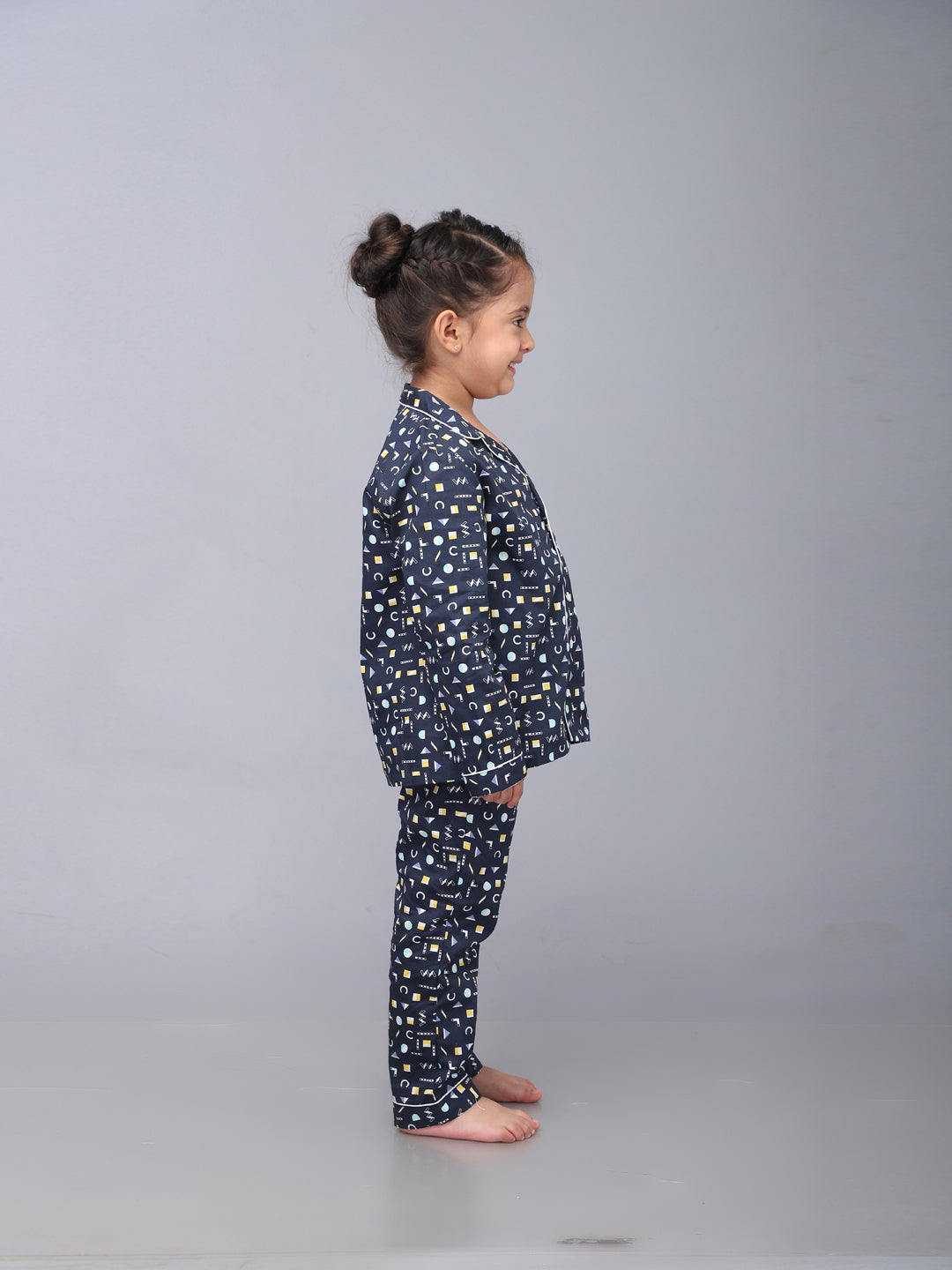 Geometric Print Full Sleeves Nightsuit for Girls & Boys- Navy