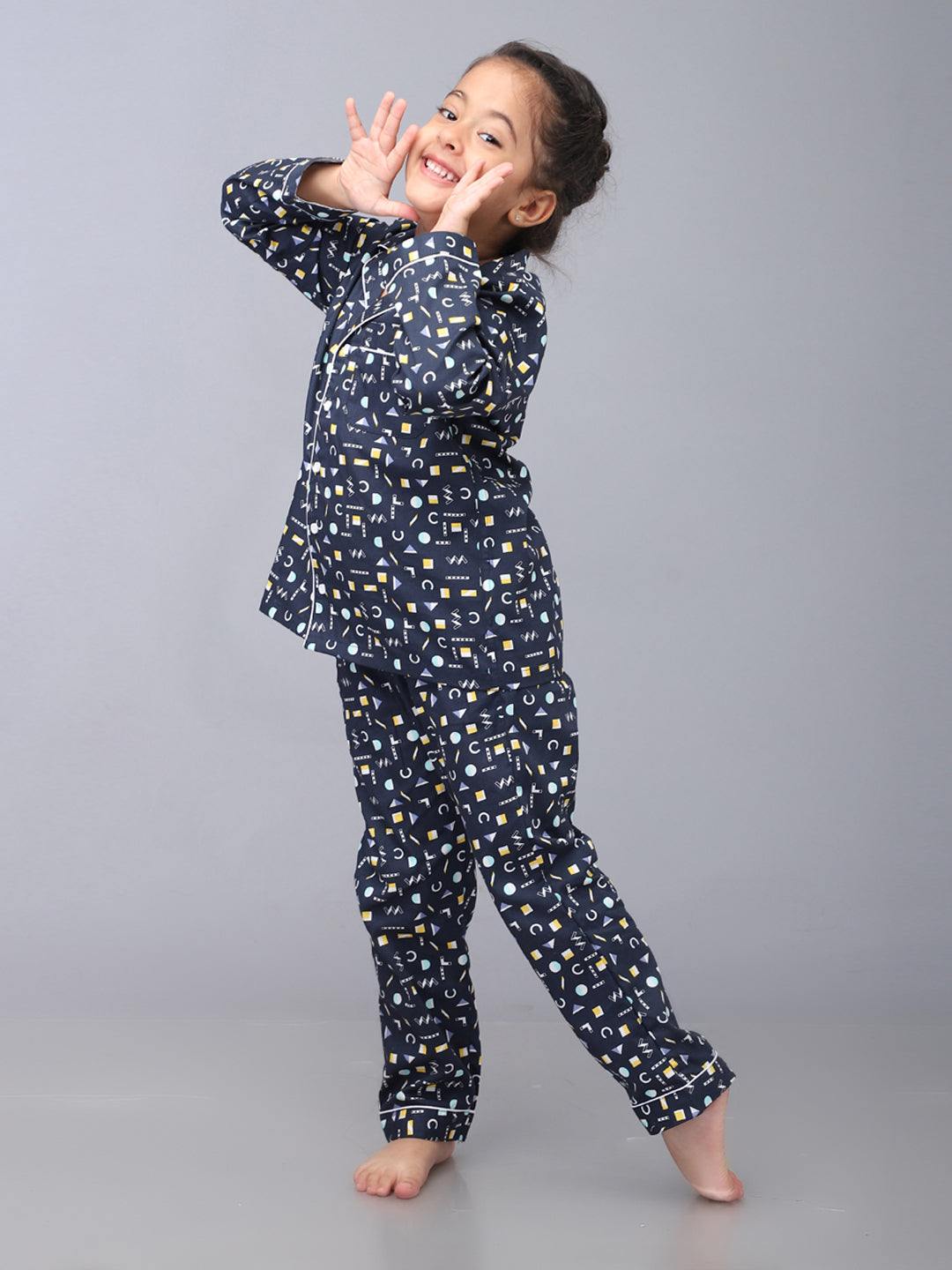 Geometric Print Full Sleeves Nightsuit for Girls & Boys- Navy