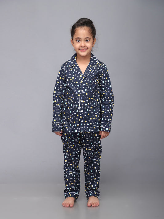 Geometric Print Full Sleeves Nightsuit for Girls & Boys- Navy